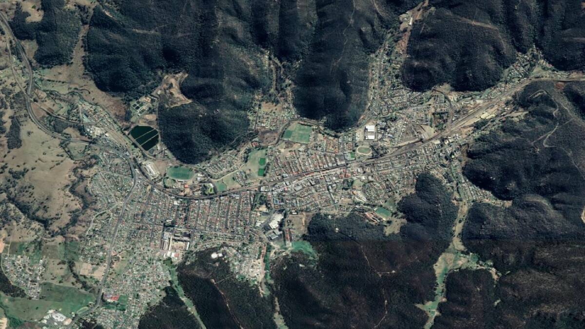 A satellite view of Lithgow nestled in the western foothills of the Blue Mountains in NSW. Picture: Google Earth