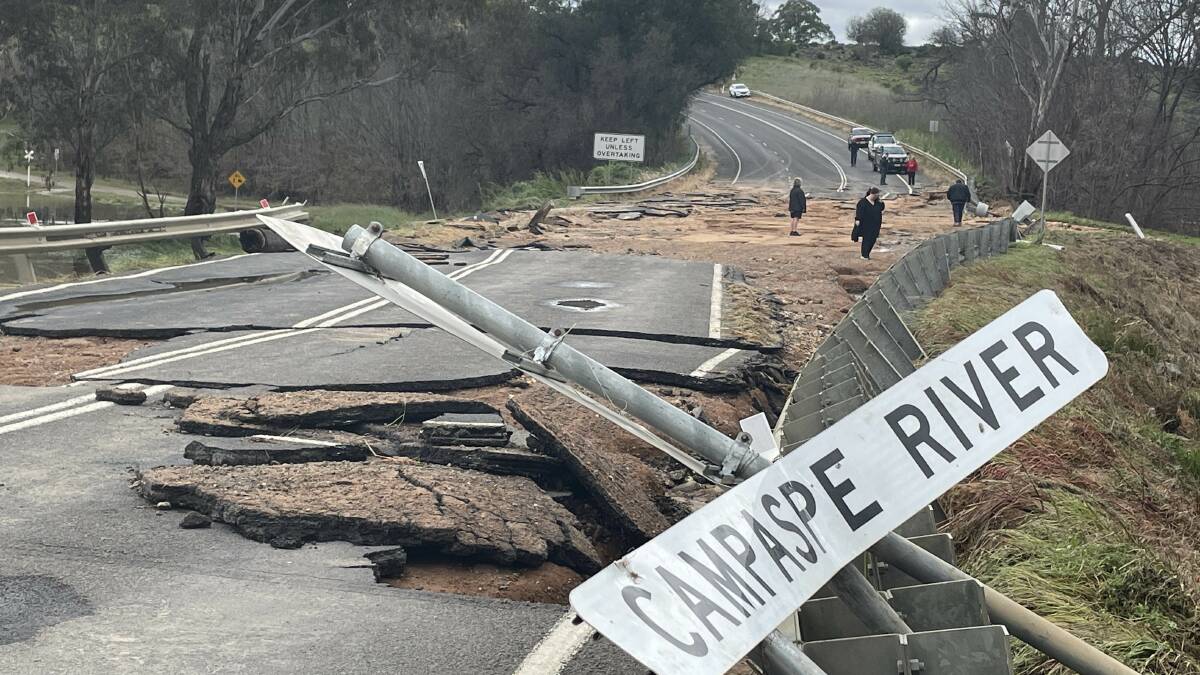 The McIvor Highway at the Axedale bridge in central Victoria was destroyed by flooding in October 2022. Picture by Chris Pedler