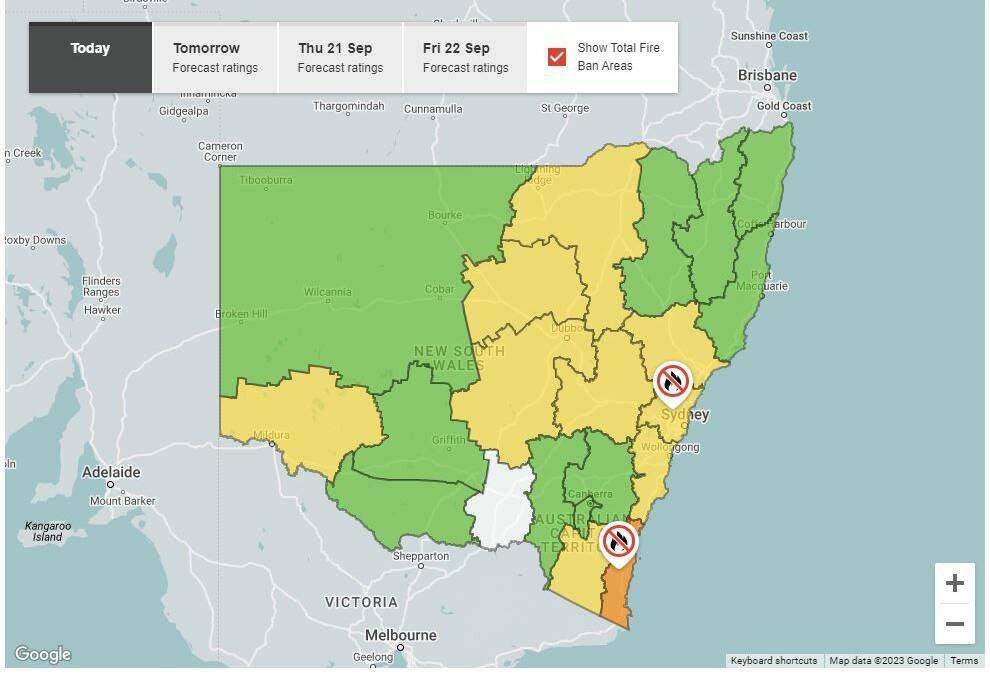 RFS mapping shows the fire danger across NSW as of Tuesday (September 19). Picture supplied.