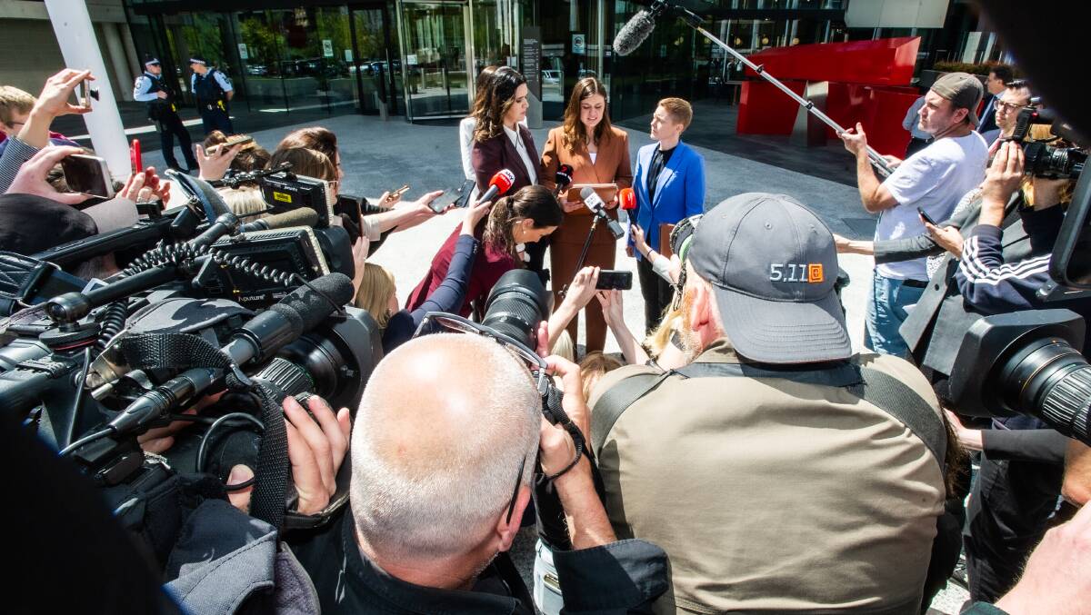 Brittany Higgins addresses media outside court after a criminal trial was aborted due to juror misconduct. Picture by Karleen Minney 