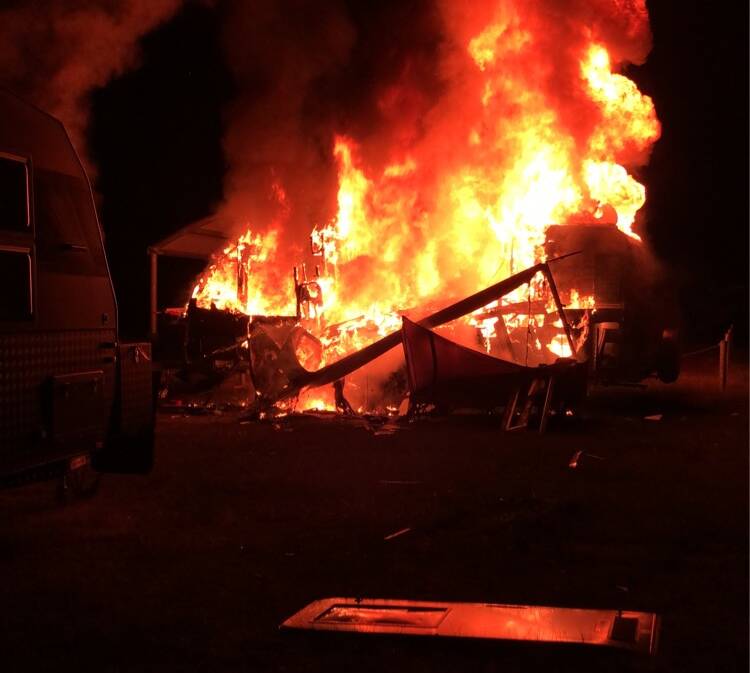 The door was blown at clean off as a caravan exploded at Sandy Creek campsite in Wantabadgery on Sunday night. Picture contributed