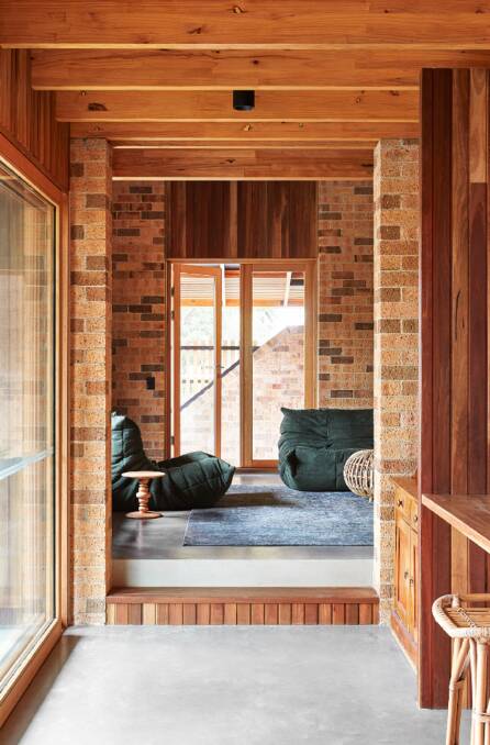Good Life House is a rambling country-style home in suburban Melbourne, using the Daniel Robertson wire-cut 'Buff' brick.