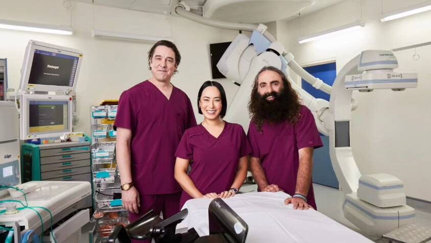 The Hospital: In the Deep End with Samuel Johnson (left), Melissa Leong (centre) and Costa Georgiadis (right). Picture via SBS
