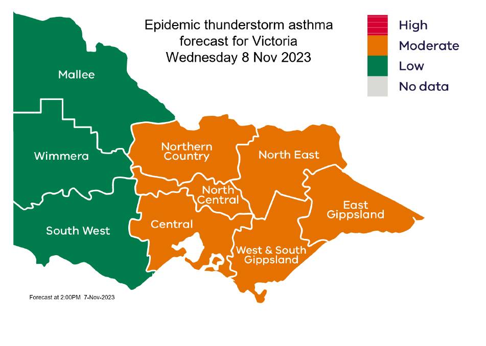 Epidemic thunderstorm asthma forecast for Victoria on Wednesday 8 November 2023. Picture from Victorian Department of Health. 