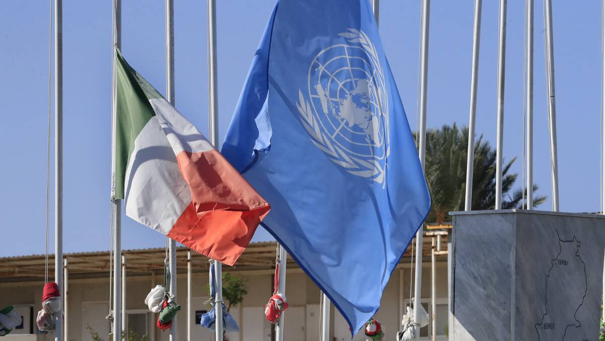 he United Nations and the Ireland flags fly at half-staff at the UNIFIL headquarters in the southern Lebanese. Picture AAP