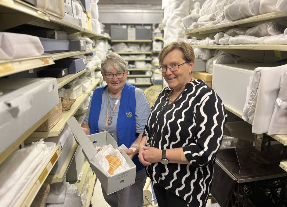 Volunteer and exhibition director Stephanie Rawlings alongside collections manager Angela George within the archives of the Eden Killer Whale Museum. Picture by James Parker