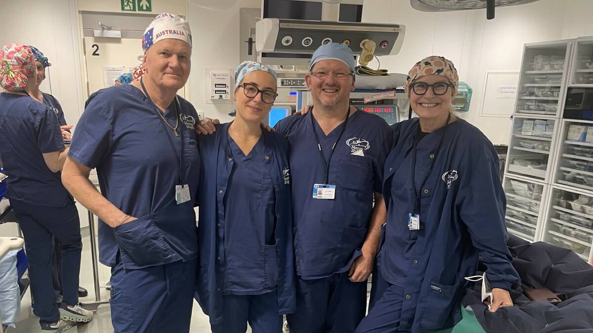 Ivan (anaesthetic nurse from Sunshine Coast), Dr Katherine Pearce (surgical assistant from Sydney), Associate Professor and surgeon Dr AJ Collins, and Dr Vida Viliunas (anaesthetist from Canberra). Picture supplied