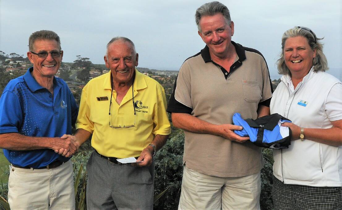 Winners: Golf president Ric Wright presents C grade winner Norm Hamilton with his prize, while Chris Morgan receives his monthly medal prize from golf professional Loraine Lambert of Sapphire Coast Golf School.