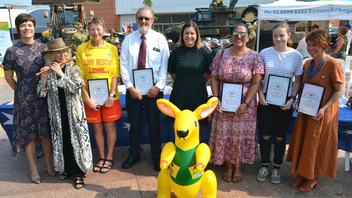 Bega Valley Shire's official Citizens of the Year Michele Bootes, Colin Dunn, Clair Mudaliar, Kiarna Woolley-Blain and Jen Keioskie. 