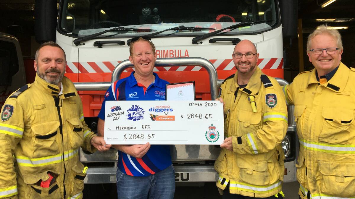 Merimbula RFS is the recipient of a generous donation thanks to a charity cricket match between Merimbula Diggers Aussie rules club and Pambula Penguins soccer players.