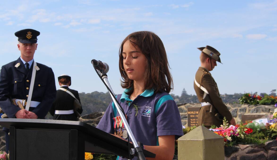 REVERENCE: Merimbula PS pupil Jackson Lane gives the special oration at this year's main Anzac Day service.