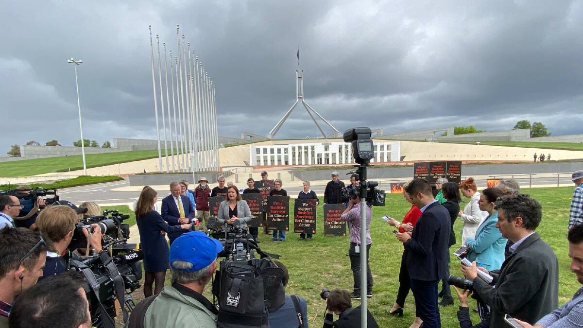 Member for Eden-Monaro Kristy McBain joins Bushfire Survivors for Climate Action campaigners outside Parliament House on Wednesday, October 27. Photo: Supplied