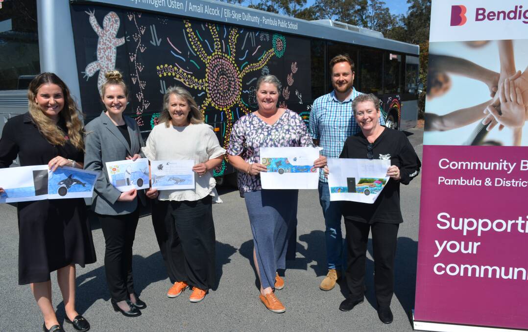 With the winning entries are (from left) Hannah Bellenger and Ellie Parker from Bendigo Bank, Debbie Meers from Cruise Eden, Jamie Klemm from Sapphire Coast Buslines, Rhys Treloar from Sapphire Coast Destination Marketing and Genevieve Mus'sell from 2EC/PowerFM. Picture by Ben Smyth