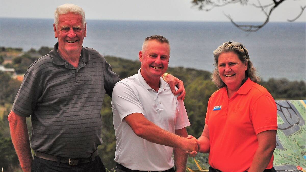 New Tura Beach Country Club general manager Glen Lloyd is welcomed by chairman Bob Eley and club pro Loraine Lambert.
