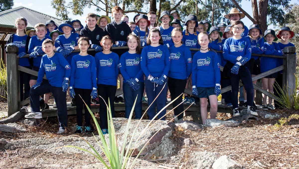 Pambula Public School pupils get ready to plant trees and shrubs as part of Schools Tree Day 2018 on Friday.
