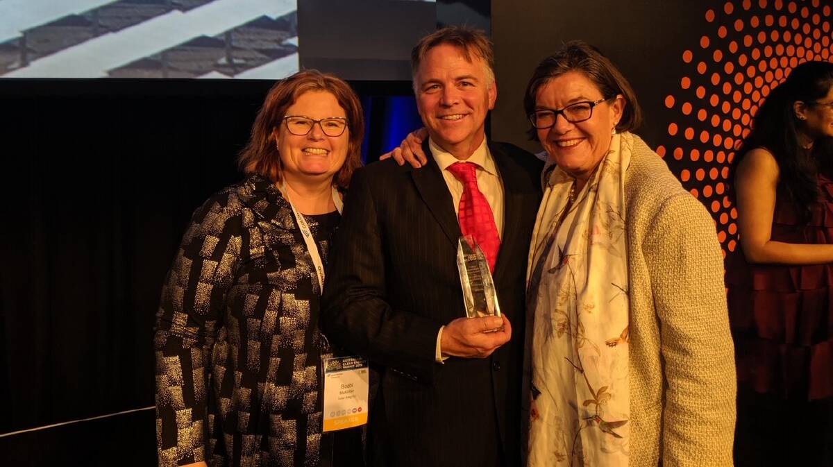 Bobbi McKibbon (Solar Integrity), Matthew Charles-Jones (TRY) and Cathy McGowan AO (former Federal Independent Member for Indi) at the 2019 Clean Energy Council Awards where Yackandandah was featured in two awards - one by Mondo for Community Energy, the second with AusNet Services for Innovation...