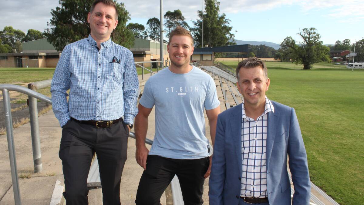 Southern NSW Local Health District CEO Andrew Newton, Group 16 All Stars coach Ryan Apps and Member for Bega Andrew Constance in Bega on Friday, March 2.