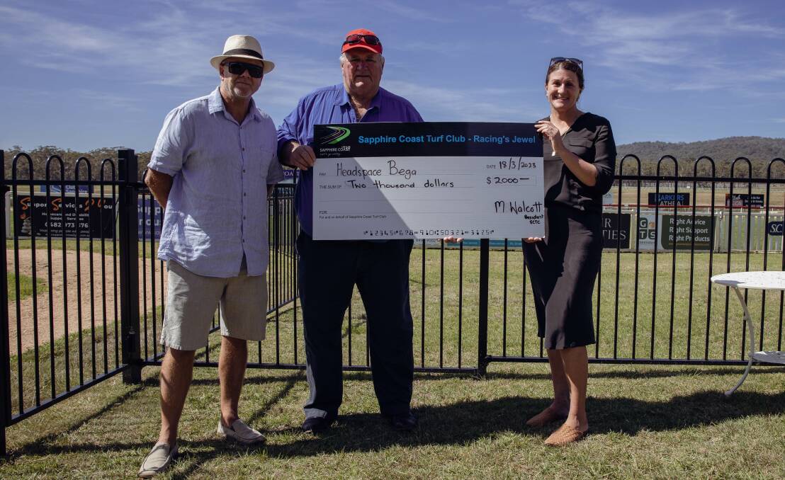 Sapphire Coast Turf Club CEO Rob Tweedie and president Mike Walcott present $2000 to Carmen Falvey, service manager at Headspace Bega. Photo by Cliff Shipton Photography