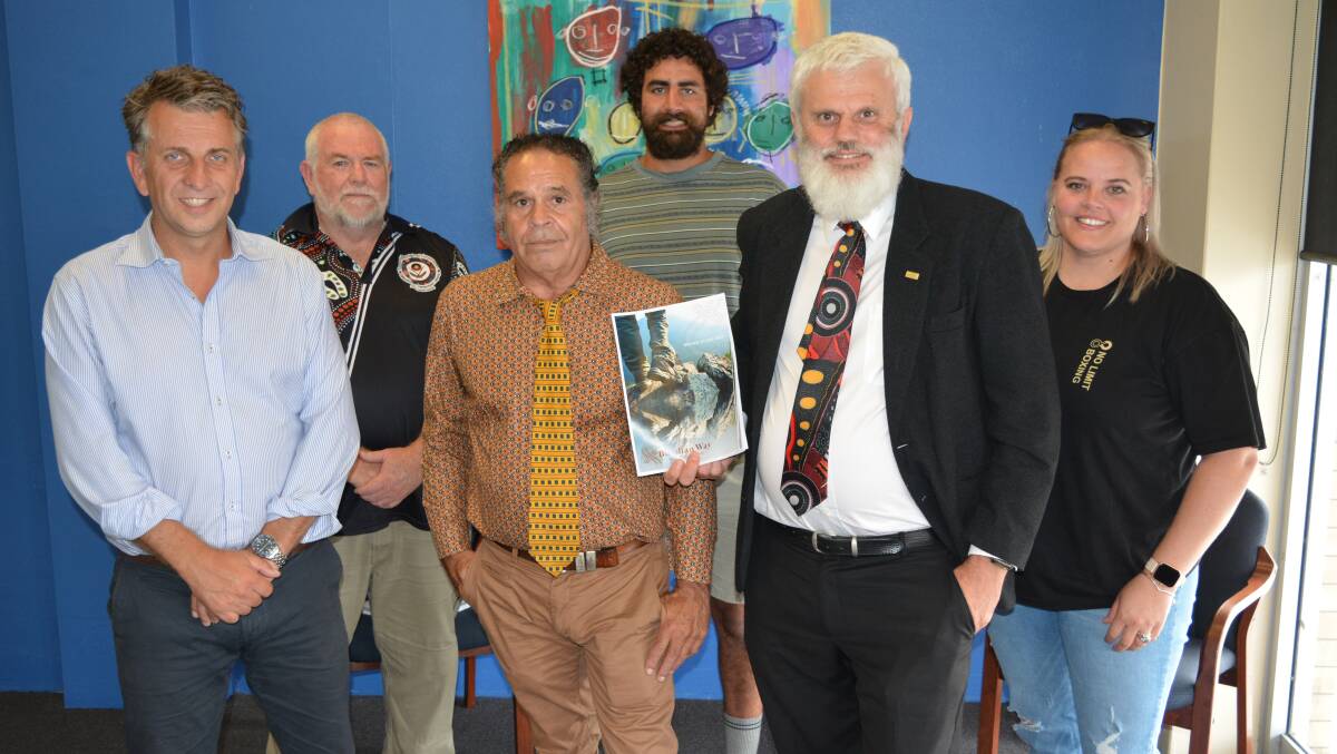 FUNDING SECURED: Bega MP Andrew Constance announces $10million for the Bundian Way and Jigamy Farm, news very gratefully received by (from left) Twofold Aboriginal Corporation CEO Craig Mills, Eden Local Aboriginal Lands Council chairman BJ Cruse, Twofold chairman Nathan Lygon, LALC CEO Mark Bateman and Twofold cultural inclusion officer Alison Simpson. Photo: Ben Smyth