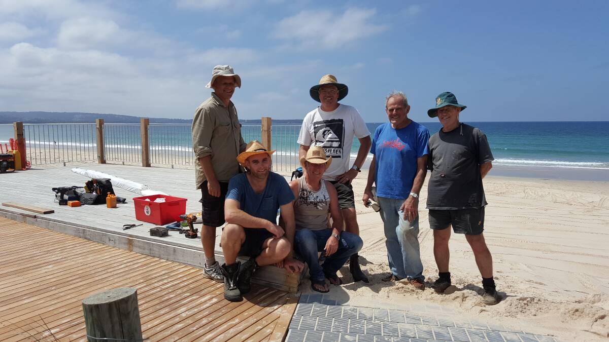 Pambula Surf Life Saving Club members on the final day of construction of the Pambula Beach viewing platform; Peter Bootes, Kerry Bourke, Greg Shaw, construction coordinator Don Hay, Peter Terry and Frank Davey.