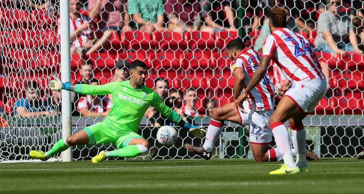 Adam Federici makes a save for Stoke City against Leeds United this season. Photo: Phil Greig