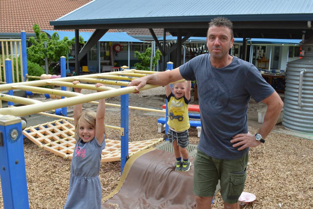 Marina and Kasper at Pambula Preschool with father and preschool committee member Glenn Merrick.