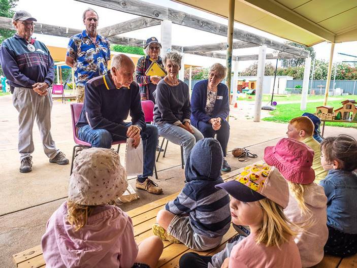 Pambula Rotary visited Trundle Preschool with songs, dance and games. Back row: Hugh Best, David Wriedt, Clare McMahon; Front row: Stephen Goodchild, Jill Goodchild, Helen Best.