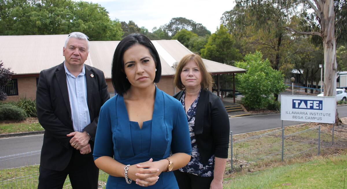 NSW opposition skills spokeswoman Prue Car was backed up at a recent trip to TAFE Bega campus by South Coast Labour Council secretary Arthur Rorris and Bega Labor spokeswoman Leanne Atkinson. 