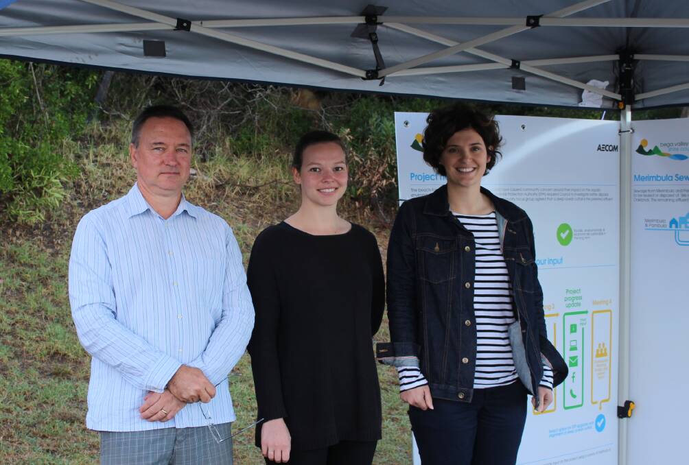 Bega Valley Shire Council's water and sewerage services manager, Jim Collins and engineering consultants from AECOM, Skye Jamieson and Stephanie Potter, listened to community input and addressed community concerns on Saturday, March 17 at Bar Beach, Merimbula. This session was one of three held over the weekend.  