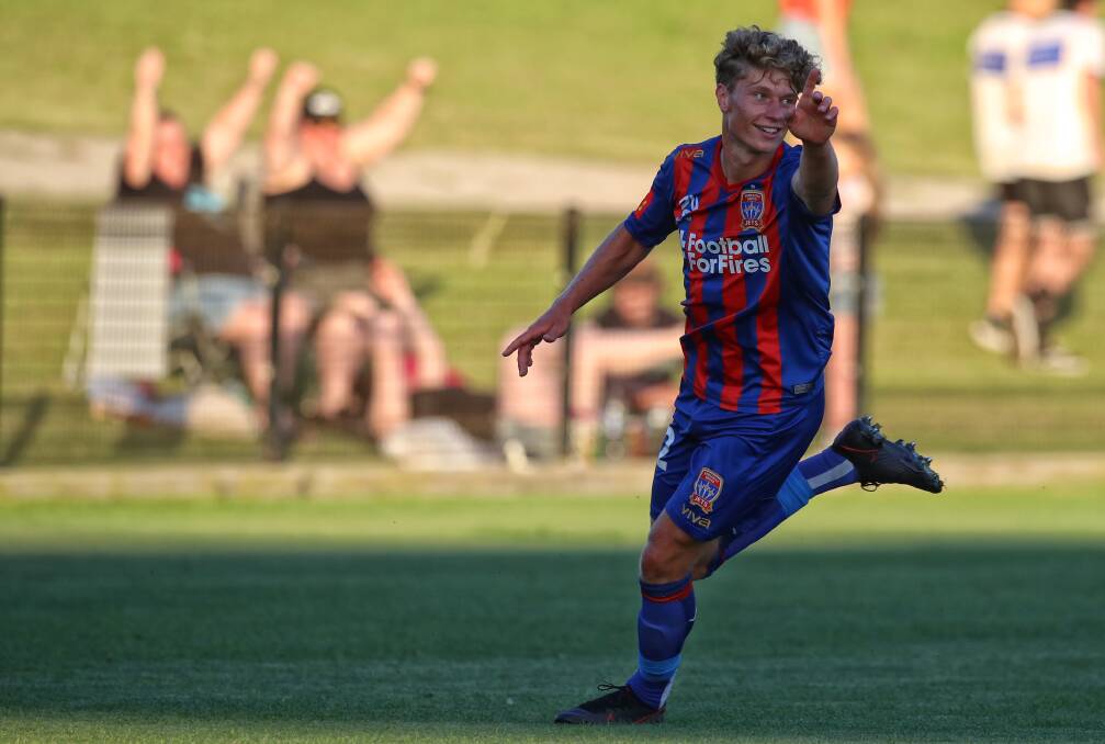 QUICK LEARNER: Lucas Mauragis celebrates after scoring the equaliser in the Jets' 3-all draw with Macarthur. Picture: Sproule Sports Focus