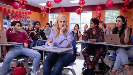 BACK TO SCHOOL: Rebel Wilson stars as grown-up Stephanie in Senior Year, while (below) Theo James and Rose Leslie star in The Time Traveler's Wife. Pictures: Netflix/HBO