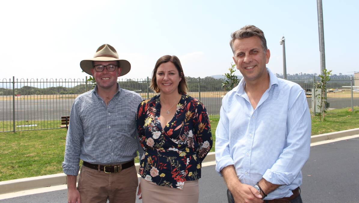 NSW Minister for Agriculture and Western NSW, Adam Marshall, with Bega Valley Shire mayor Kristy McBain and member for Bega Andrew Constance at the airport.