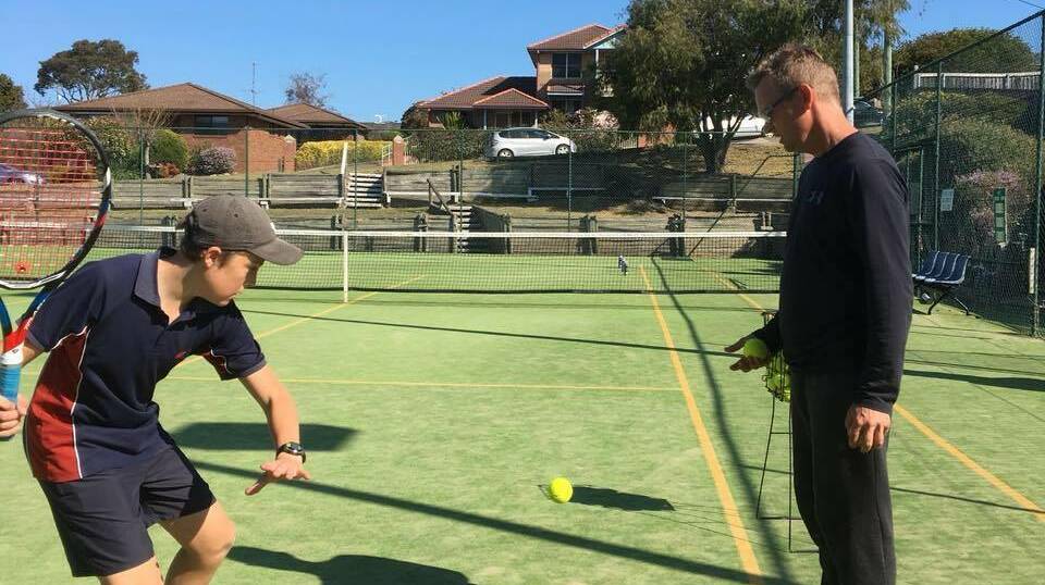 Merimbula Tennis Club coach James Poso, right, will be running drills, cardio tennis and taking on a few hopefuls with a frying pan at the club's open day.