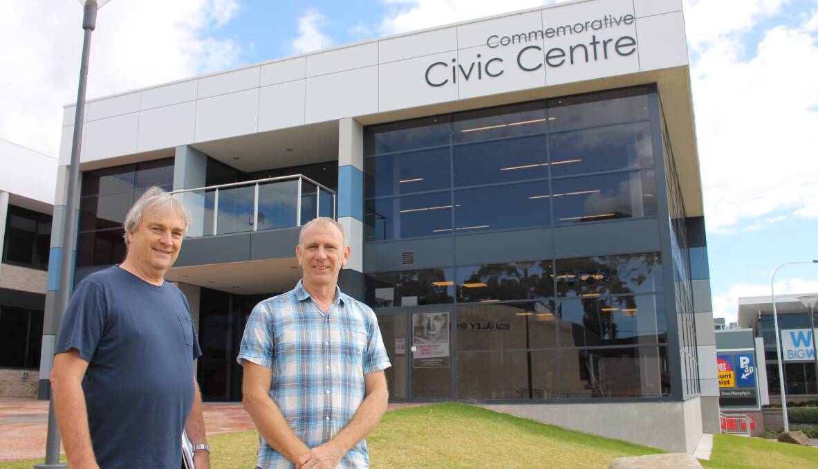 South East Arts general manager Andrew Gray and new board member Bruce Carmichael outside the Bega Valley Commemorative Civic Centre.