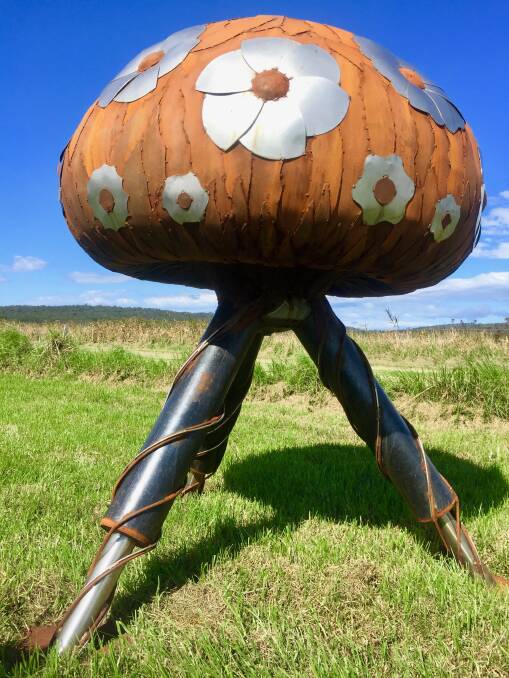 This sculpture was created by artist Mark Thompson and was recently exhibited at the Bermagui Sculptures event. It is in loan for the festival. Mark's inspiration came when he was working at Panboola installing the new all abilities pathway near the office. The mushroom sculpture is titled 'Industrial Derevolution' and is currently for sale.