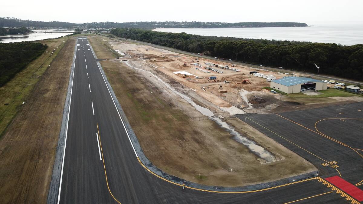 Merimbula Airport runway and general aviation precinct, currently in the building phase (right).