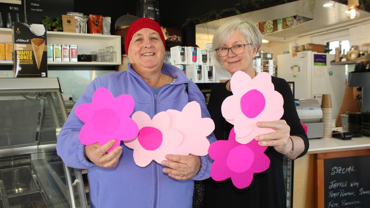 Colour your thoughts Pink: Lyn Dawson and Boardwalk Cafe owner Sue Wilkie with the pink flowers which can be used for messages of support, thanks or remembrance.