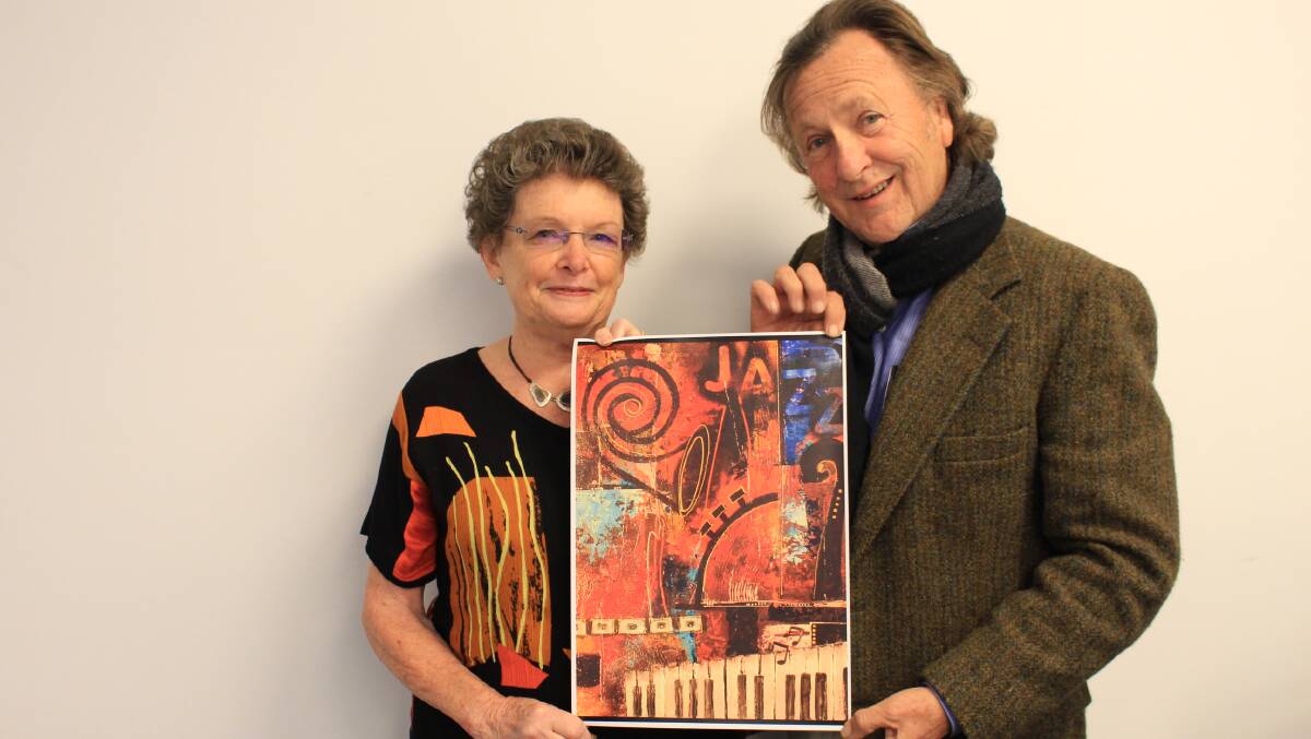 Artist and guest judge for the junior Jazz Art exhibition, Di Tarrant with jazz festival committee member Paul Dion.