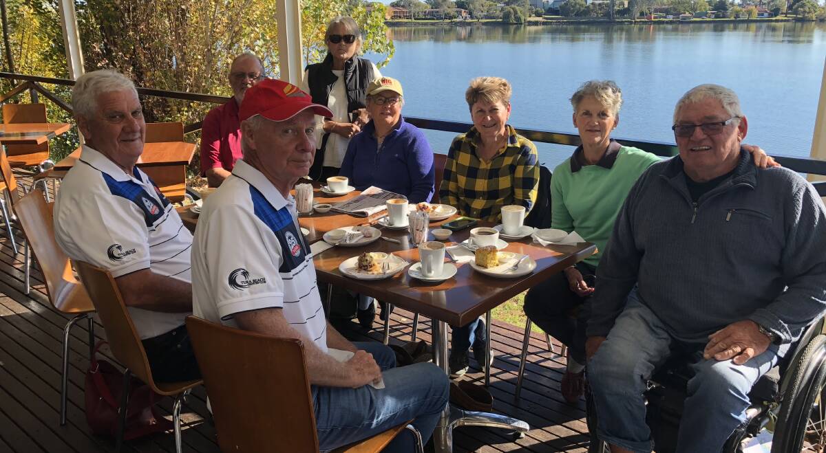 Time for coffee: The Finnerans, the Dobsons, the Dunns and the Goodchilds relax before the mental and emotional onslaught of their annual week of golf at Yarawonga. 