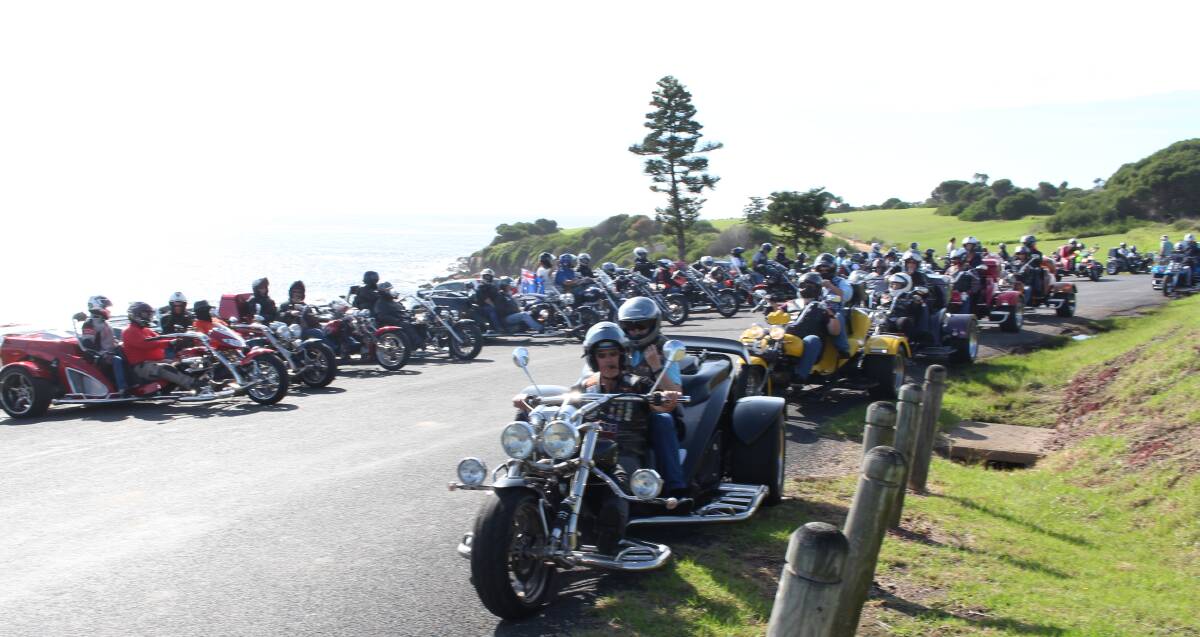 Trikers gathering: United Trikers Association members about to leave Short Point, Merimbula for a drive to Pambula.