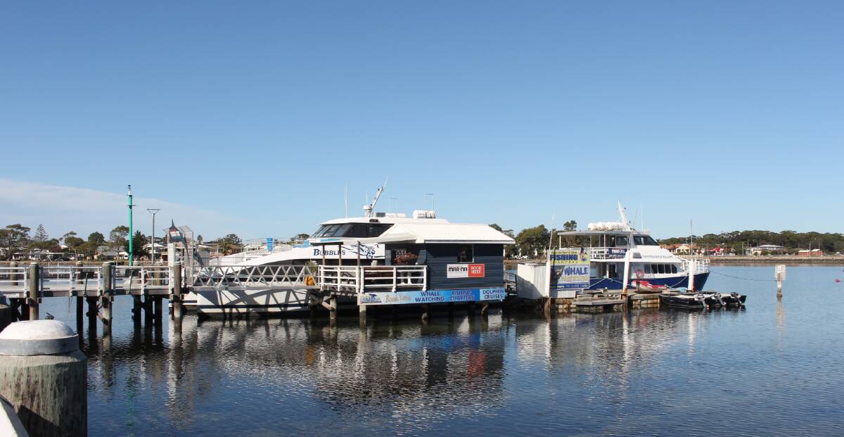 The larger boat Bubbles and True Blue, waiting for the start of the whale watching season at Merimbula Marina.