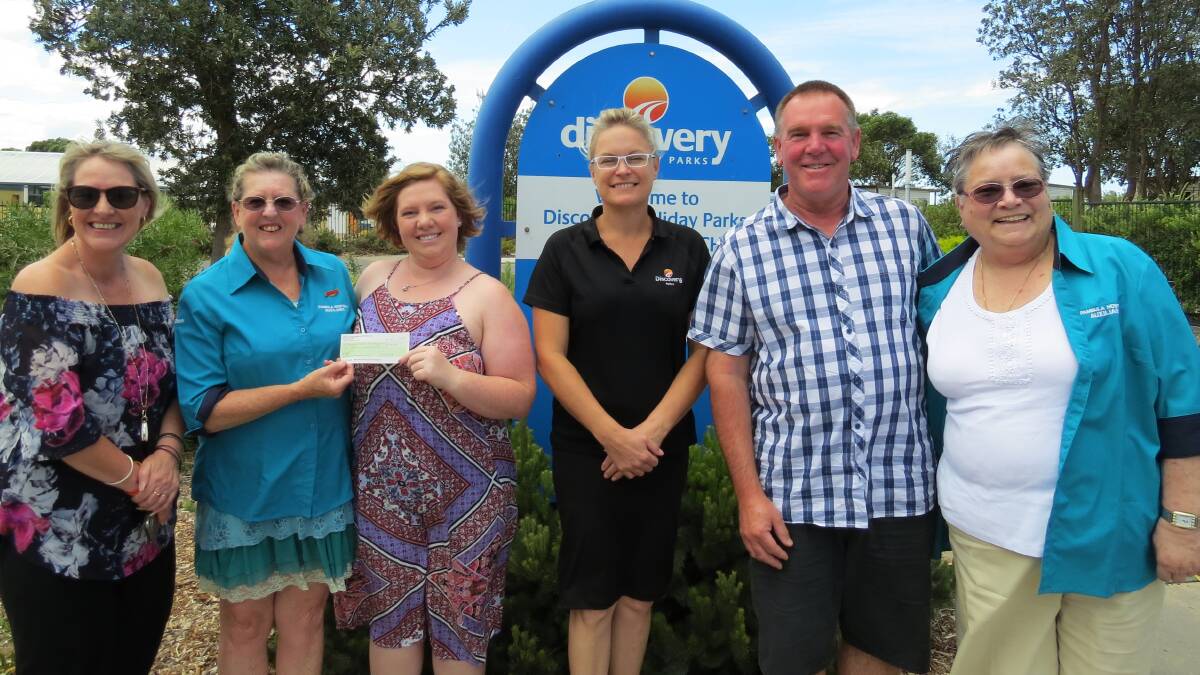 Cheque handover: Narelle Witty, Shirley Rixon (Pambula Hospital Auxiliary), Nicolette Witty, Sharon Broder (Discovery Holiday Parks Pambula Beach), Greg Witty, Ursula Viebcke (Pambula Hospital Auxiliary).
