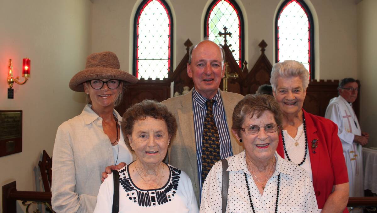 Odile and Frank Foster with Daphne Sweeney and front Betty Corby and Kelva Johnston, of Bega at a celebration of Kameruka's Holy Trinity Church's 150th in 2019.