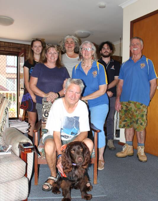 Support Group: Support workers Kyrsten Bell and Chloe Peck, Lions Hearing Dog Centre trainer Nick Liemandt, Lions members Ric Vanderbom, Tracy Fleming and Vicki Bond with Anthony Bond and Harry.