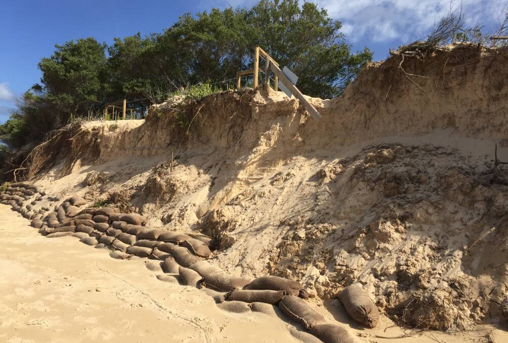 On Friday May 1 sand bags were filled and taken to vulnerable sites along Main Beach where coastal erosion has disrupted some walkways to the beach.