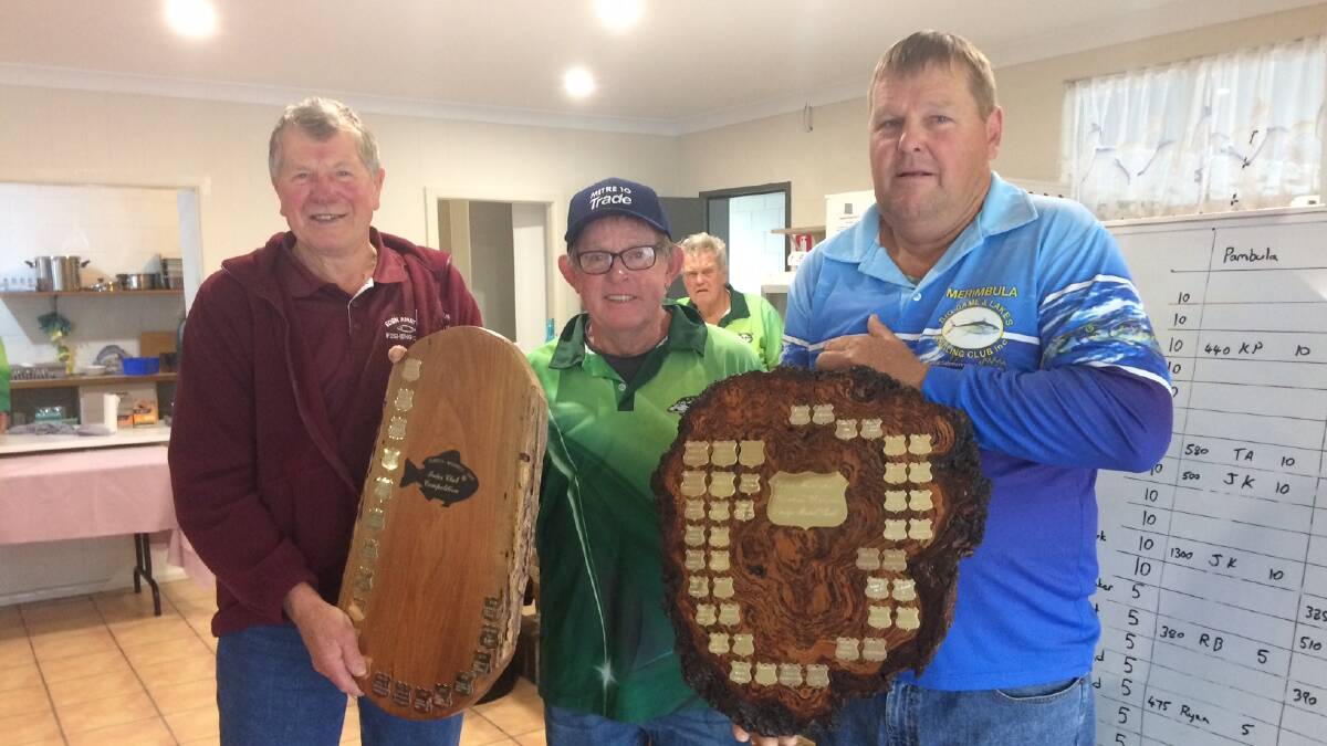 Terry Carson of the Eden Club, Joe Klimas of the Pambula Club and Shane Mayberry of the Merimbula Club during the 2023 Tri Club Grudge Match Shield Presentation. Picture supplied