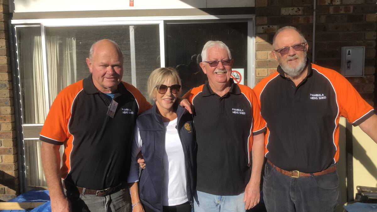 Last Saturday was brekky for everyone at the Pambula Men’s Shed and Carol Cloke popped in too. With her are Wayne Tuckfield, president John Hanley and Colin Dunn.  