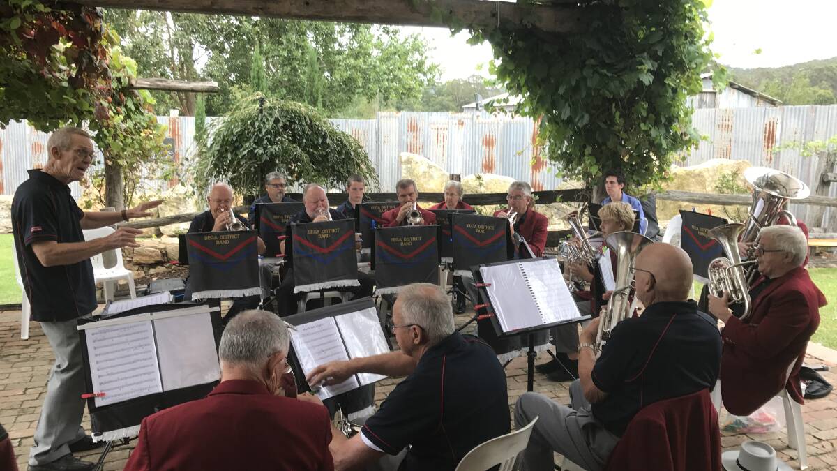 Musical greeting: The Bega Brass Band played under the entrance awning, welcoming people to the Can Assist fundraiser at Oaklands on Sunday.