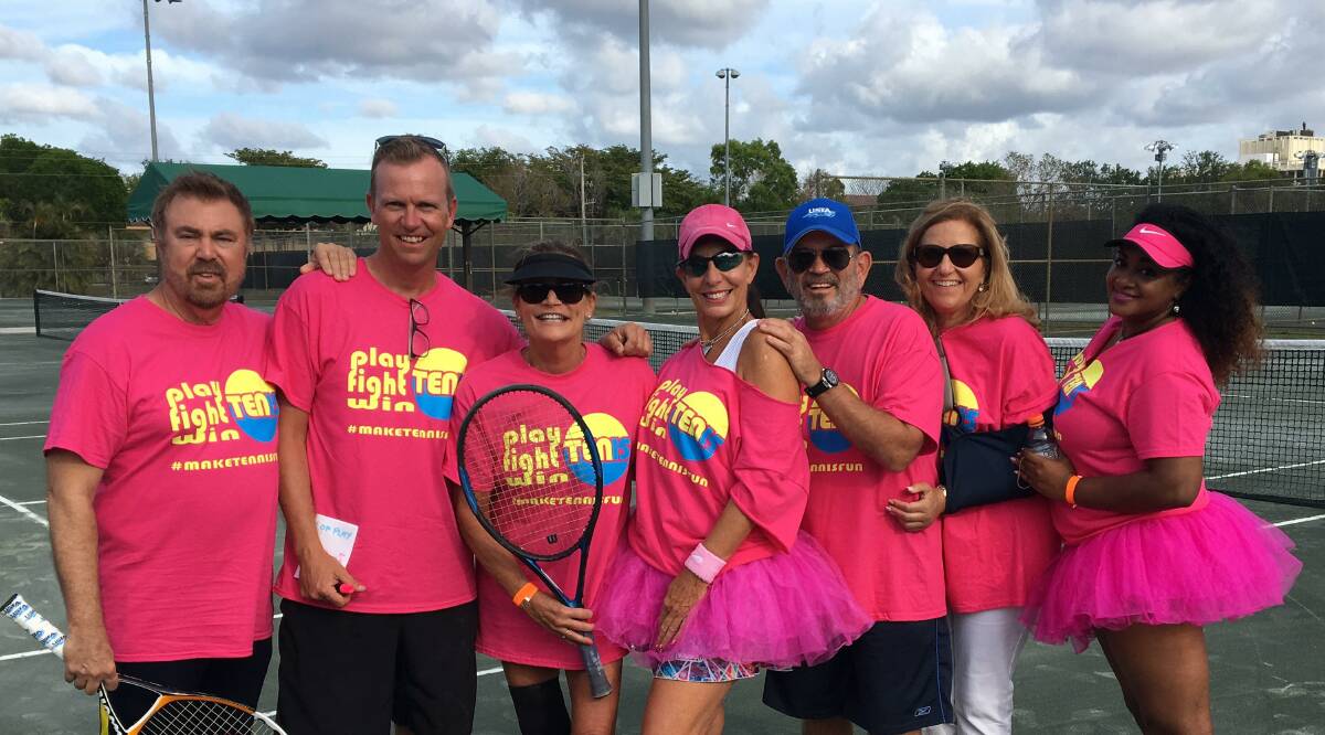 MAKING TENNIS FUN: Merimbula tennis coach James Poso, with tennis players in Florida during his recent visit where he promoted TEN15.