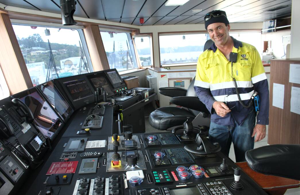 Chief mate Lance Dennis at the control desk of the Bhagwan Dryden while it was in Eden last week.